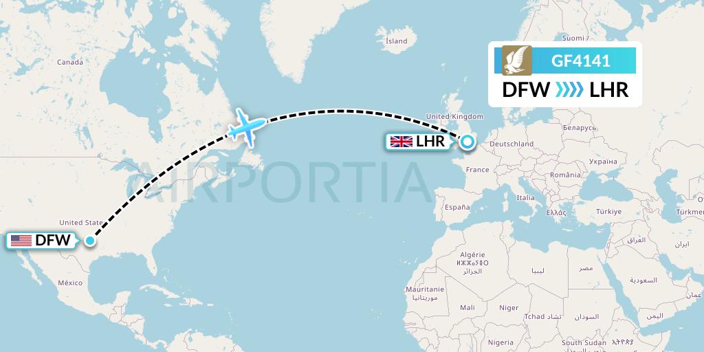 GF4141 Gulf Air Flight Map: Dallas to London