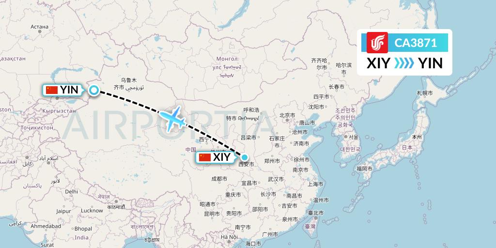 CA3871 Air China Flight Map: Xi'an to Yining