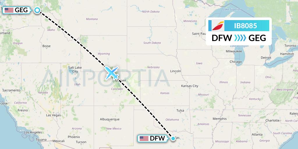 IB8085 Iberia Flight Map: Dallas to Spokane