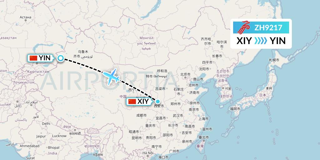 ZH9217 Shenzhen Airlines Flight Map: Xi'an to Yining