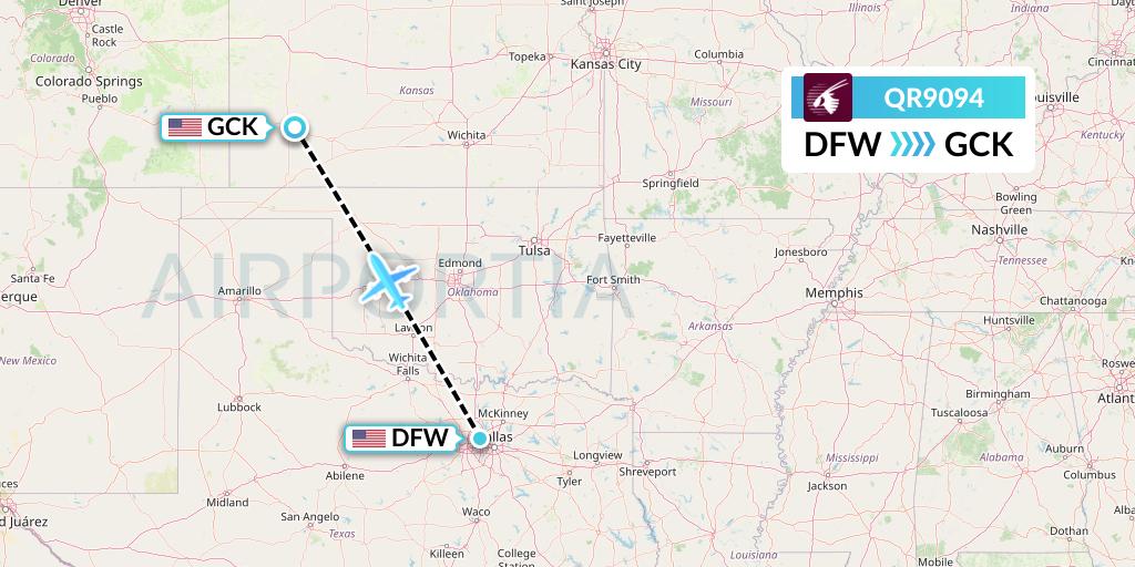 QR9094 Qatar Airways Flight Map: Dallas to Garden City