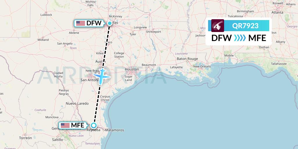 QR7923 Qatar Airways Flight Map: Dallas to McAllen
