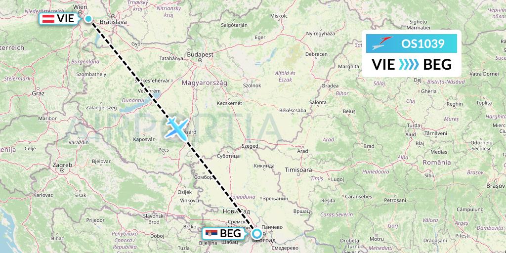 OS1039 Austrian Airlines Flight Map: Vienna to Belgrade