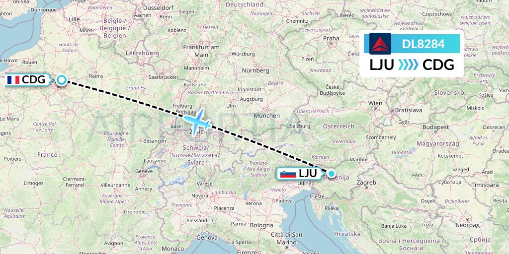 DL8284 Delta Air Lines Flight Map: Ljubljana to Paris