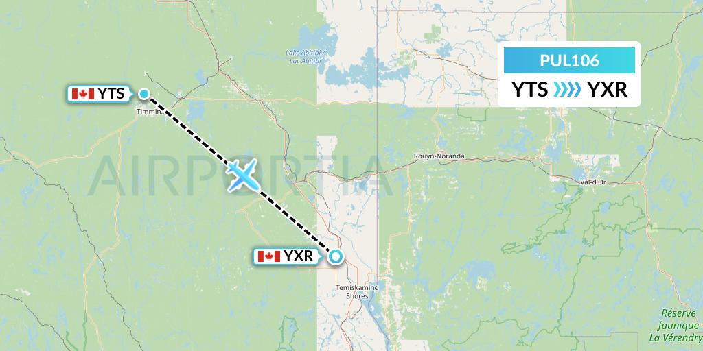 PUL106 Ornge Air Flight Map: Timmins to Earlton