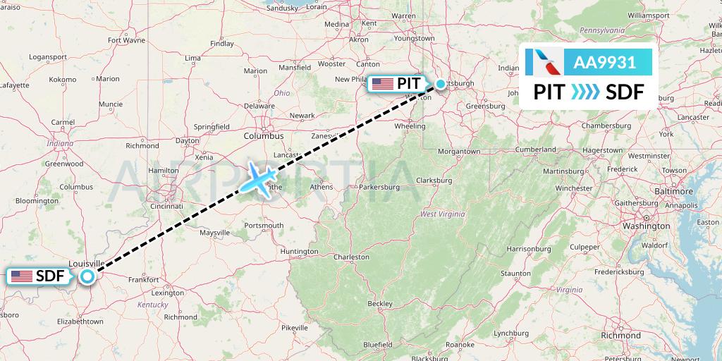 AA9931 American Airlines Flight Map: Pittsburgh to Louisville