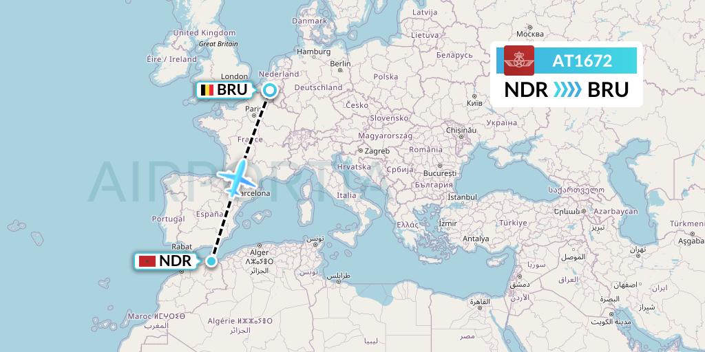 AT1672 Royal Air Maroc Flight Map: Nador to Brussels