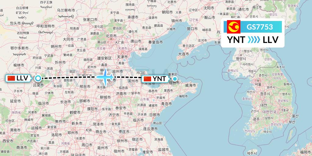 GS7753 Tianjin Airlines Flight Map: Yantai to Kunming