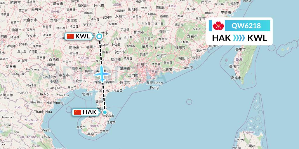 QW6218 Qingdao Airlines Flight Map: Haikou to Guilin
