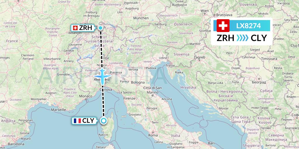 LX8274 Swiss Flight Map: Zurich to Calvi