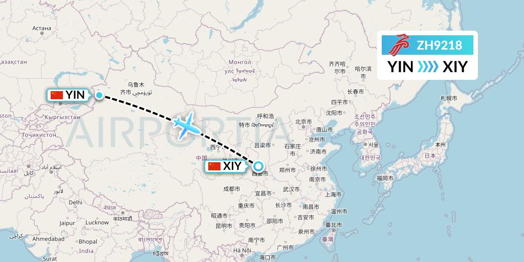 ZH9218 Shenzhen Airlines Flight Map: Yining to Xi'an