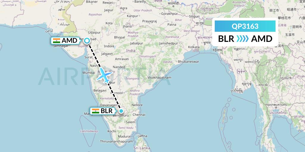 QP3163 Akasa Air Flight Map: Bangalore to Ahmedabad