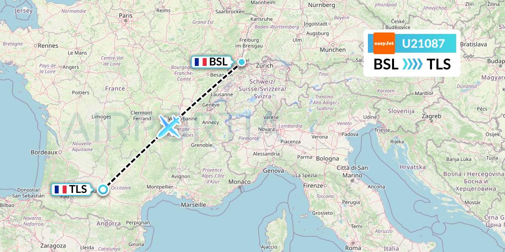 U21087 EasyJet Flight Map: Basel to Toulouse