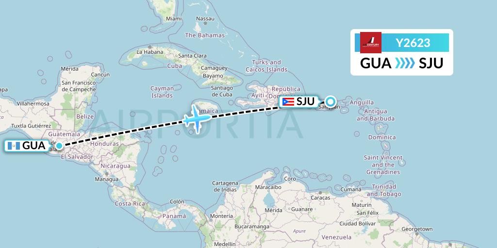 Y2623 Air Century Flight Map: Guatemala City to San Juan
