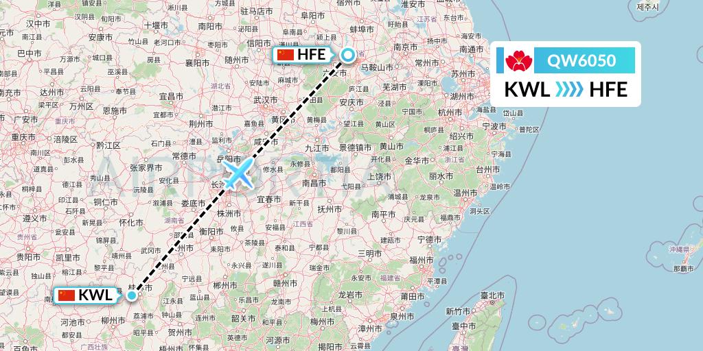 QW6050 Qingdao Airlines Flight Map: Guilin to Hefei
