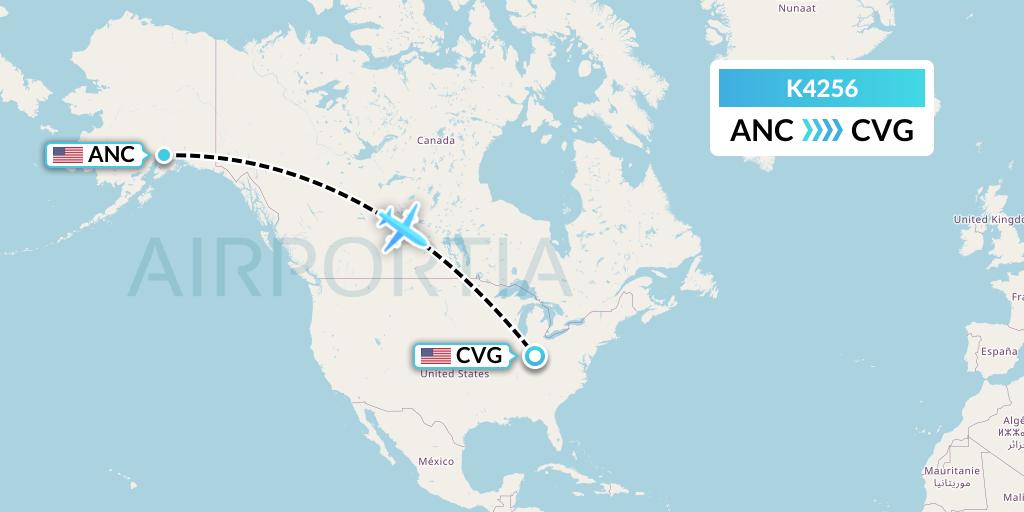 K4256 Kalitta Air Flight Map: Anchorage to Cincinnati