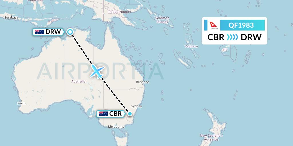 QF1983 Qantas Flight Map: Canberra to Darwin