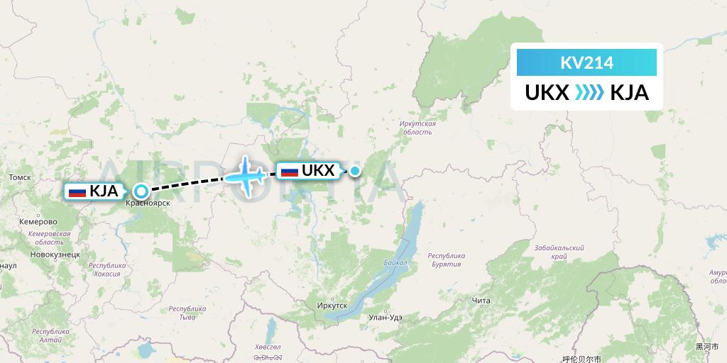 KV214 KrasAvia Flight Map: Ust-Kut to Krasnoyarsk