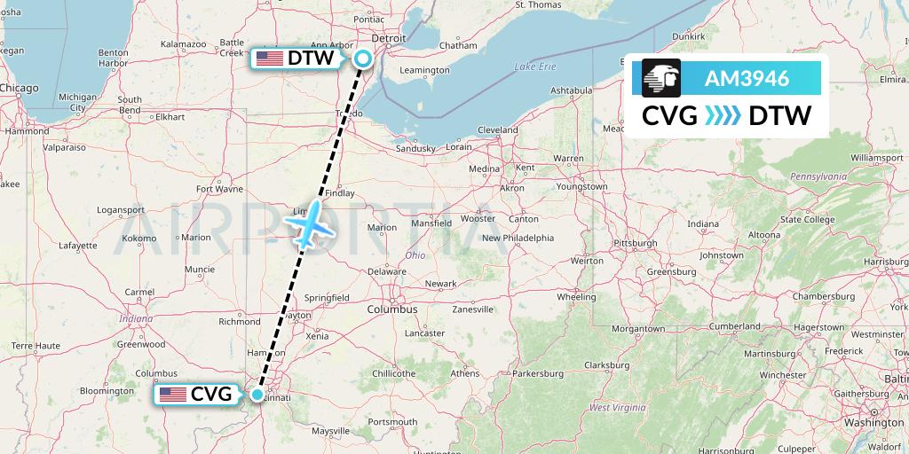 AM3946 Aeromexico Flight Map: Cincinnati to Detroit