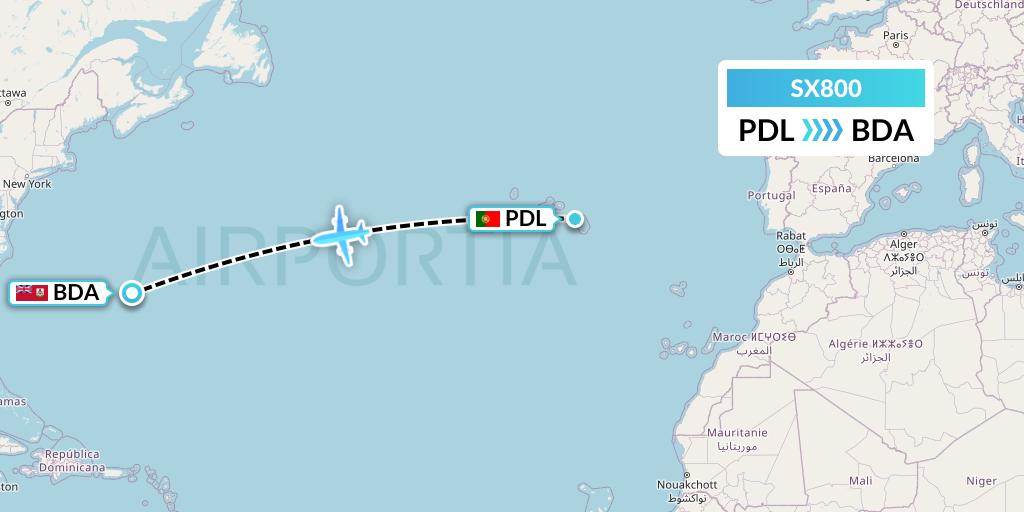 SX800 Flygta Airlines Flight Map: Ponta Delgada to Bermuda