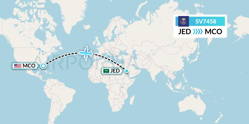 SV7458 Saudi Arabian Airlines Flight Map: Jeddah to Orlando