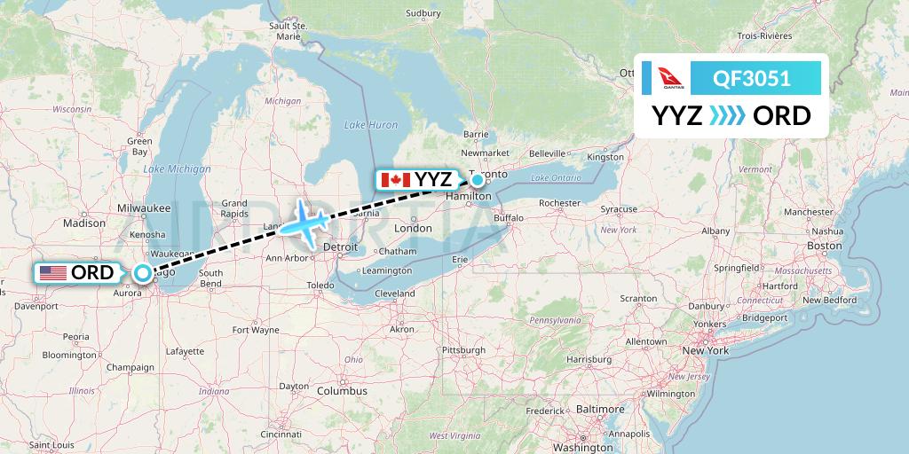 QF3051 Qantas Flight Map: Toronto to Chicago