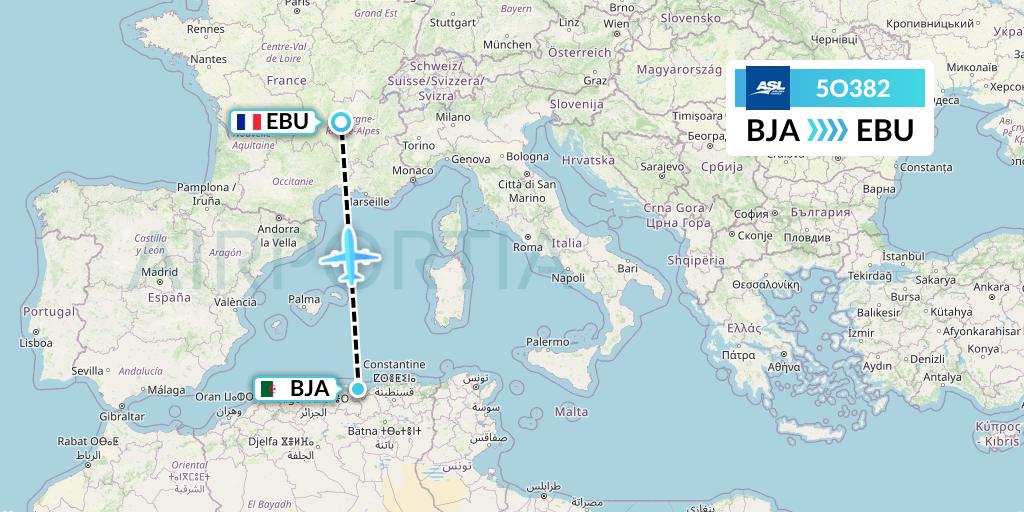 5O382 ASL Airlines France Flight Map: Bejaia to Saint Etienne