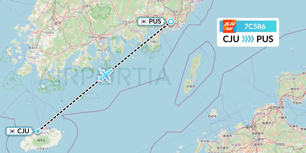 7C586 Jeju Air Flight Map: Jeju to Busan