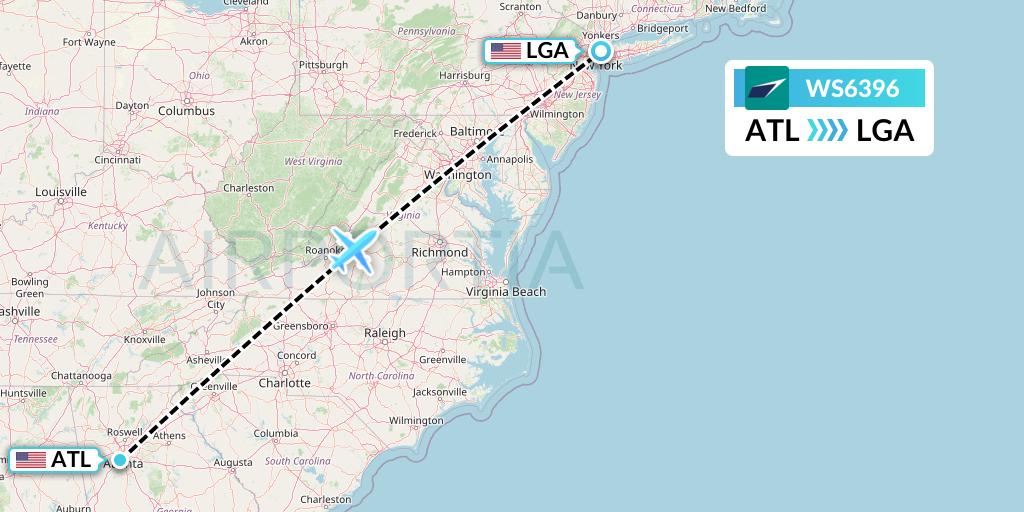 WS6396 WestJet Flight Map: Atlanta to New York