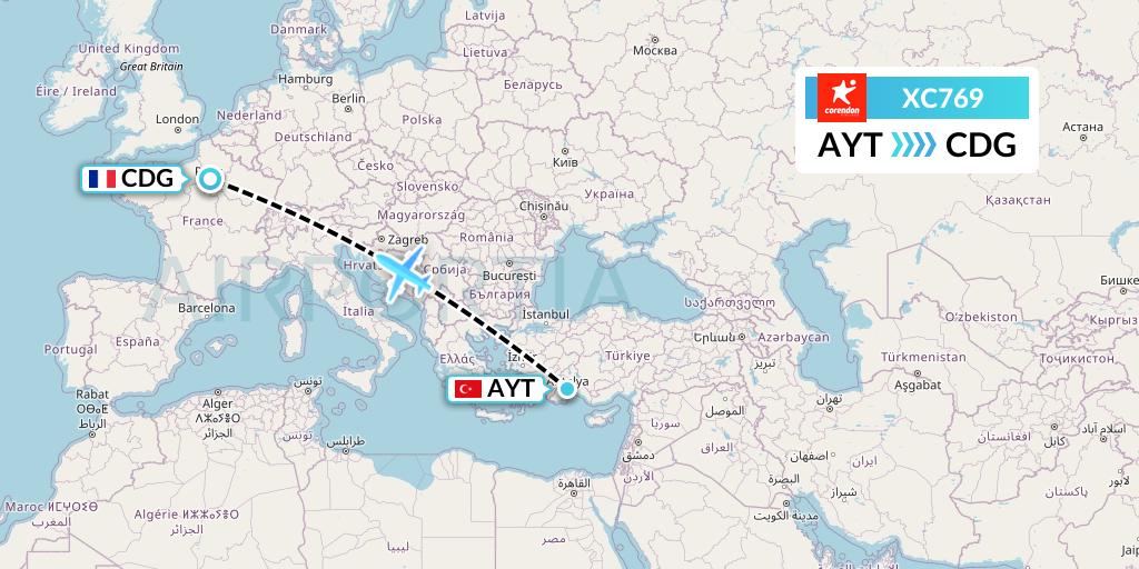 XC769 Corendon Airlines Flight Map: Antalya to Paris