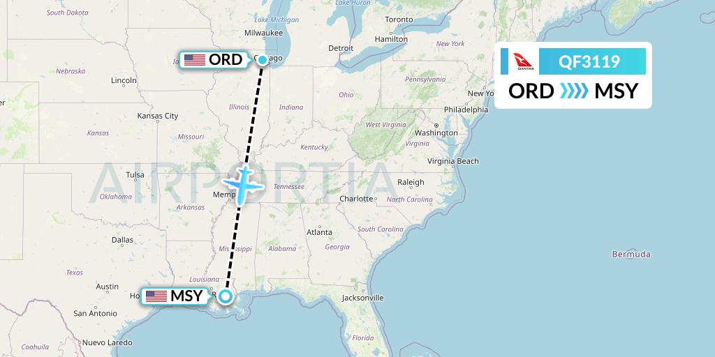 QF3119 Qantas Flight Map: Chicago to New Orleans
