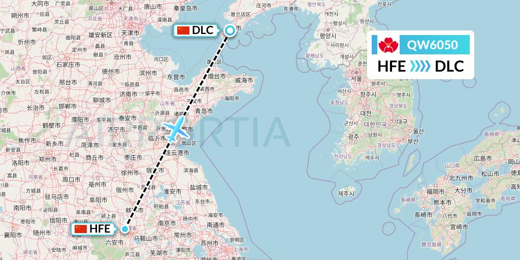 QW6050 Qingdao Airlines Flight Map: Hefei to Dalian