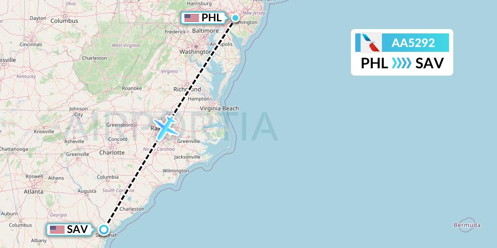 AA5292 American Airlines Flight Map: Philadelphia to Savannah