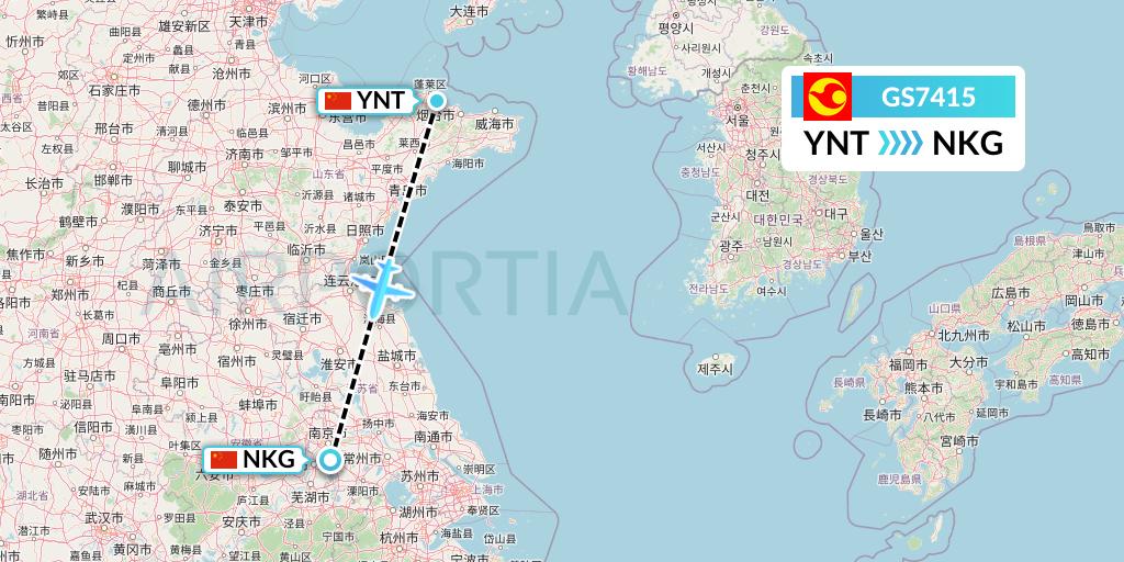 GS7415 Tianjin Airlines Flight Map: Yantai to Nanjing