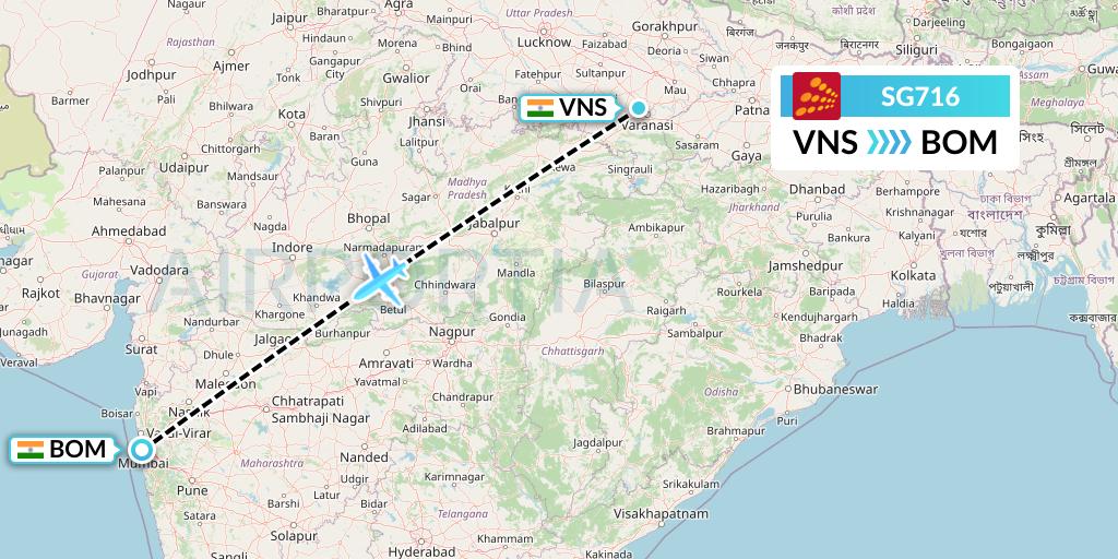 SG716 SpiceJet Flight Map: Varanasi to Mumbai