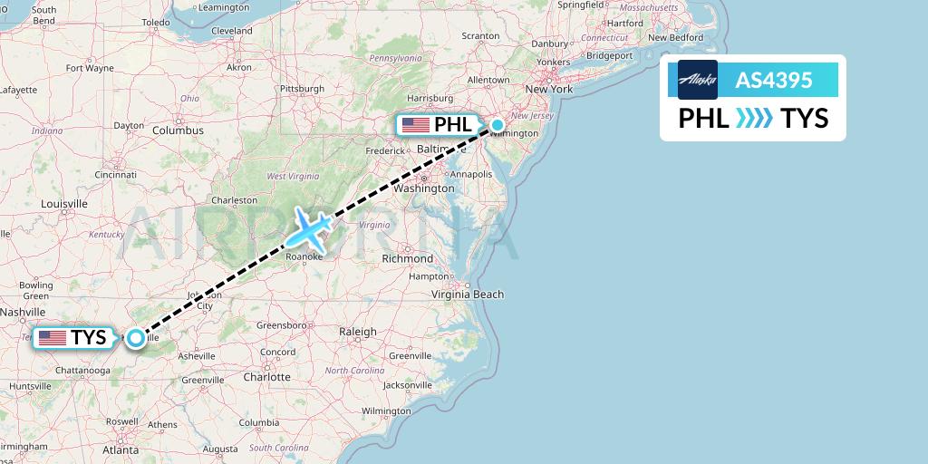 AS4395 Alaska Airlines Flight Map: Philadelphia to Knoxville