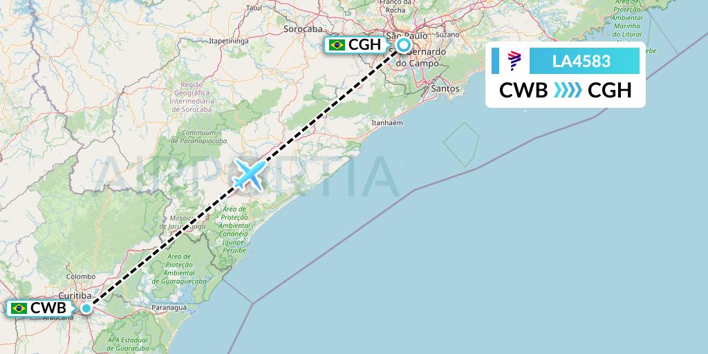 LA4583 LAN Airlines Flight Map: Curitiba to Sao Paulo