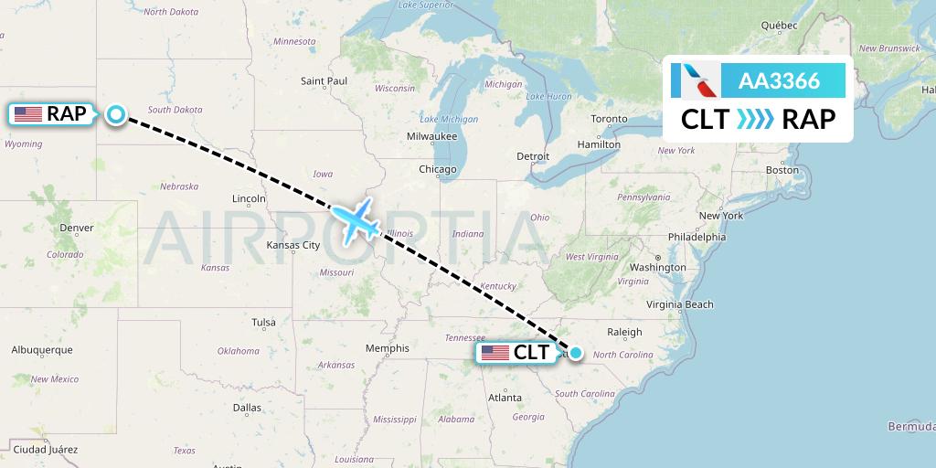 AA3366 American Airlines Flight Map: Charlotte to Rapid City