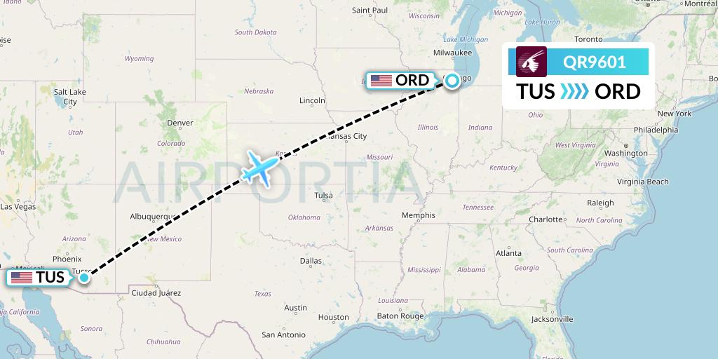 QR9601 Qatar Airways Flight Map: Tucson to Chicago