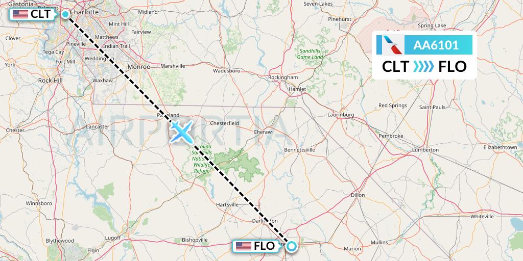 AA6101 American Airlines Flight Map: Charlotte to Florence