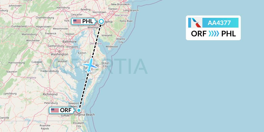 AA4377 American Airlines Flight Map: Norfolk to Philadelphia