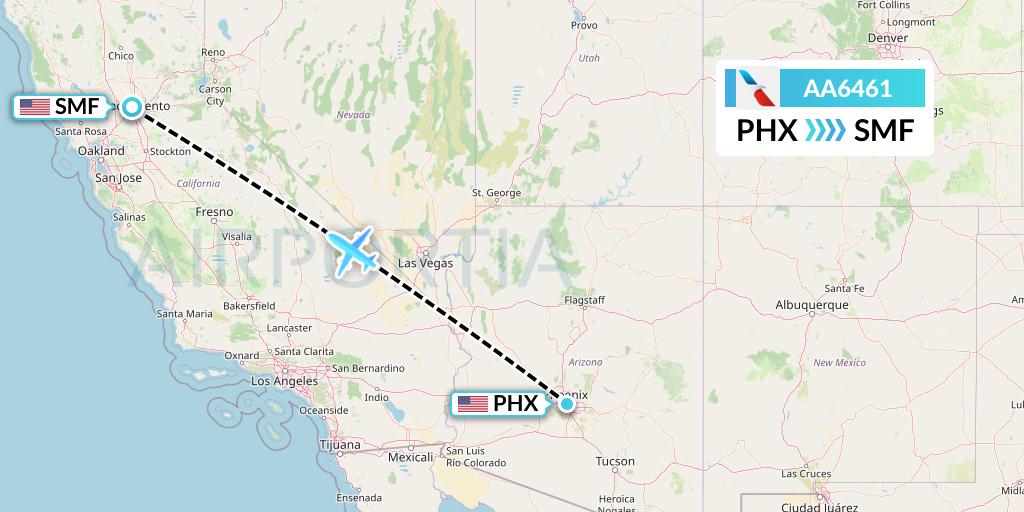 AA6461 American Airlines Flight Map: Phoenix to Sacramento