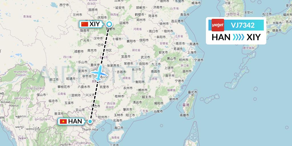 VJ7342 VietJet Air Flight Map: Hanoi to Xi'an