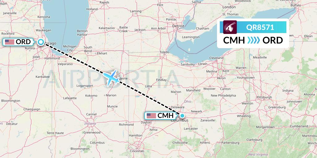 QR8571 Qatar Airways Flight Map: Columbus to Chicago
