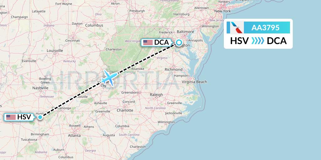 AA3795 American Airlines Flight Map: Huntsville to Washington