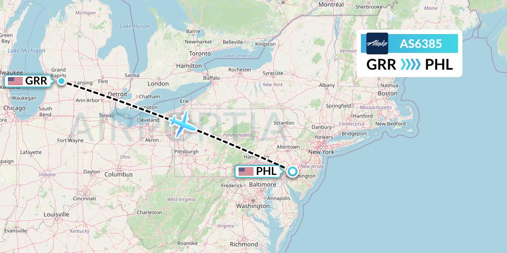 AS6385 Alaska Airlines Flight Map: Grand Rapids to Philadelphia