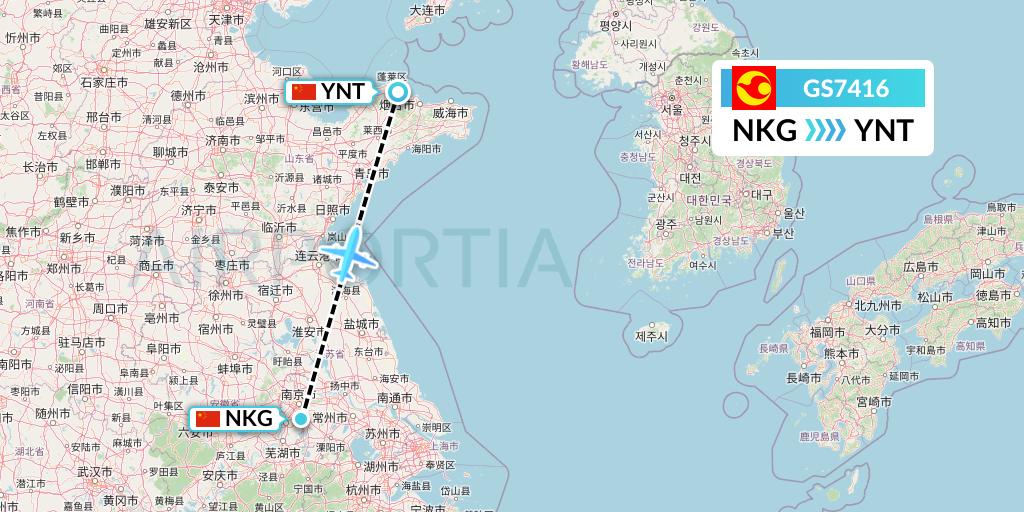 GS7416 Tianjin Airlines Flight Map: Nanjing to Yantai