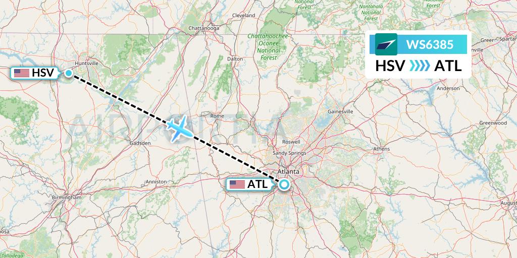 WS6385 WestJet Flight Map: Huntsville to Atlanta