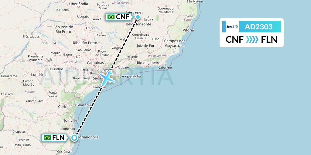 AD2303 Azul Brazilian Airlines Flight Map: Belo Horizonte to Florianopolis