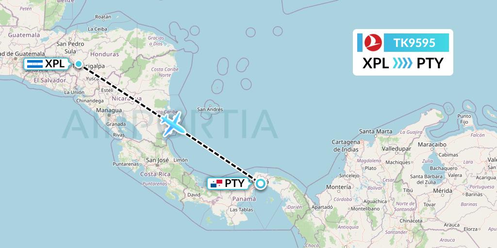 TK9595 Turkish Airlines Flight Map: Comayagua to Panama City
